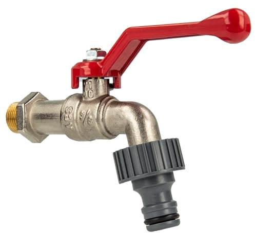tecuro - Kugelauslaufhahn Kugelventil, Wandanschluss 3/8 Zoll AG mit Steckkupplung Schlauchtülle Teflonband, mit Sechskant Schlüsselfläche, Formstahlhebel rot - Messing vernickelt