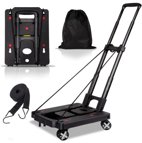 Jogtlyer Carretilla de Mano Plegable Ligera y Plegable con 4 Ruedas giratorias, Carrito de Mano Resistente de 110 Libras para Equipaje, Carrito para mudanzas, Viajes, Compras, Aeropuerto, Oficina