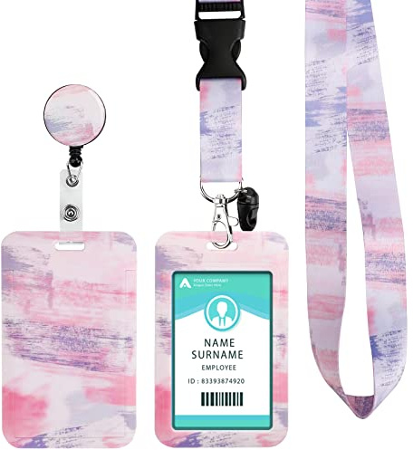 ID-korthållare med band, utdragbar med jojo och vridbar karbinhake, praktiskt för t.ex. lärare, sjuksköterskor, läkare eller studenter (rosa, lila)