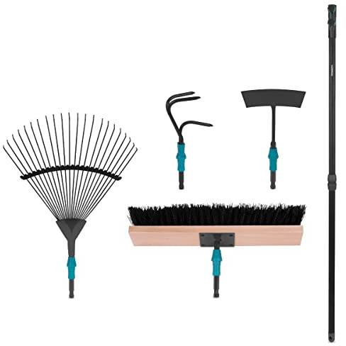 VONROC Juego de herramientas de jardinería 4 en 1, sistema V-Fix con rastrillo de hojas, escoba, azada y cultivador