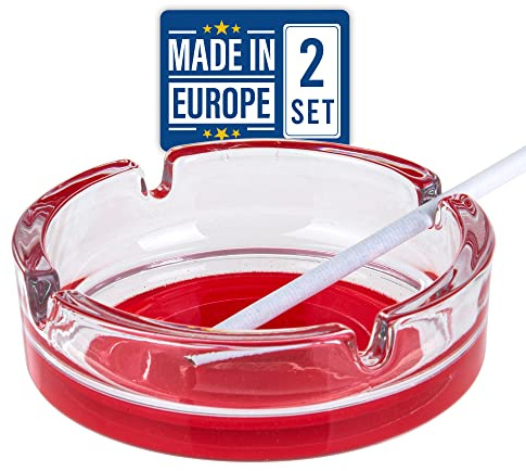 Crystalia Glass Ashtrays for Cigarettes, Cigar Ash Tray Set for Outdoor Indoor Home Tabletop Patio Office or Restaurants, Round Cute Ash Holder, Luxury Gift for Men & Women, Set of 2 (Red Based)