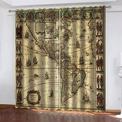 Vorhang Blickdicht Ösen Thermo Verdunkelungs Polyester Gardinen 2 Stück 3D Weltkarte Im Stil Für Schlafzimmer Wohnzimmer Kinder Oder Babyzimmer 182(B) X214(H) cm - Bedruckte Verdunkelungsvorhänge