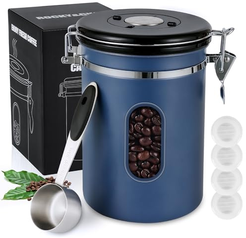 1800ML Airtight Coffee Canister with Date Tracker and Transparent Window, 22.8OZ Coffe Beans Storage with 30ML Measure Spoon&4 co2 Valve, Coffee Container for Grounds Coffee, Beans, Tea, Sugar, Flour