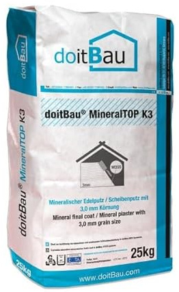 doitBau 12x MineralTOP 25kg Scheibenputz 3mm Körnung weiß Oberputz Edelputz, atmungsaktiv gegen Schimmelbefall, grobe Körnung für einfache Verarbeitung und Überdeckung von Unebenheiten