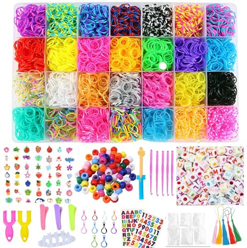 Tuilful 10000+ Loom Bands Kit - 28 Vibrant Colors Loom Bands – Rubber Bands Bracelet Making Kit with Alphabet Beads, S Hooks and Tools with Storage Box