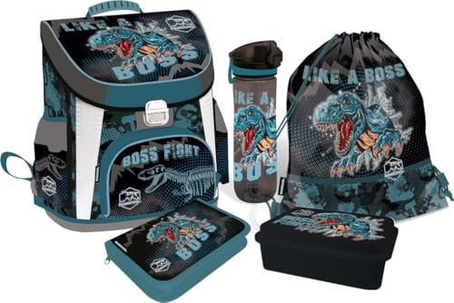 SCOOLSTAR SCHULRANZEN DINO, Dinosaurier, Like a Boss, für Kinder 1 Klasse Tornister Schulrucksack Schultasche Grundschule | SET 5 tlg | inkl. Sportbeutel Federmäppchen,Trinkflasche, Brotdose