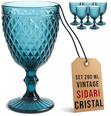 Viste-lo Set 6 Copas Sidari Cristal Azul Vintage 280ml Diseño Retro Elegante Vidrio Tallado Resistente para Agua Vino Decoración de Mesa Eventos Especiales Hogar Regalo (AZUL)