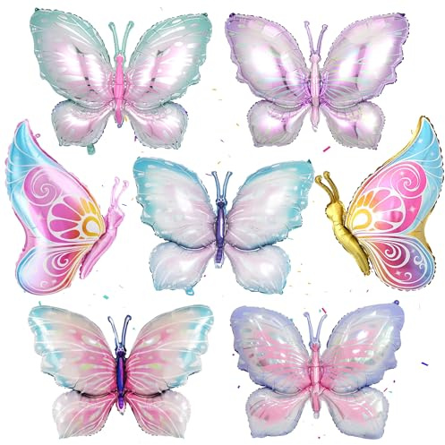 Schmetterling Luftballon Geburtstag Deko Mädchen, 7 Stück Folienballons Set | Blau, Lila, Rosa Schmetterlinge Helium Ballon für Kindergeburtstag Babyparty Hochzeit Garten Party