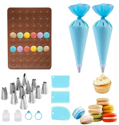 Stampi per Macarons Macaron Baking Mat Stampi in Silicone Macarons con Sac a Poche e 12 Beccucci Macaron Set Tappetino in Silicone Set di Stampi Macarons Stampo in Silicone，per Macaron, Dessert