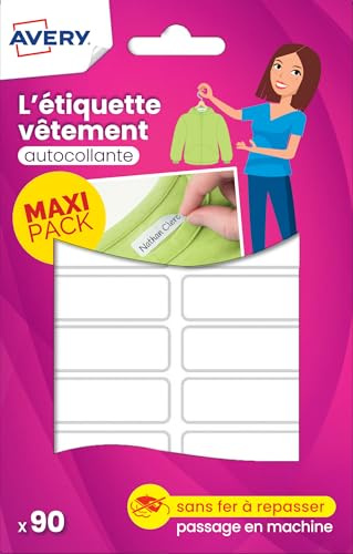 Avery Étiquettes Autocollantes Blanches Inscriptibles 90 Pièces - autocollant Personnalisable à l'aide d'un marqueur permanant - Durable Lavable jusqu'à 40C et sèche-linge - 1,3 x 4,5 cm