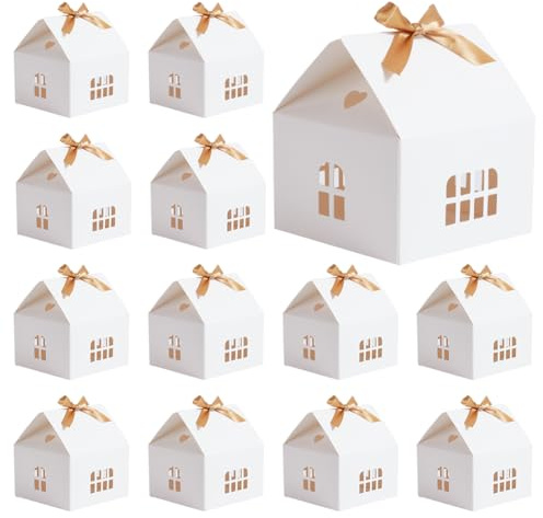 PH PandaHall Geschenkbox Weihnachten, 12 Sets Weiße Geschenkbox Häuschen Geschenkboxen Hausform Weihnachtsbox Mit Schleife Geschenkverpackung Für Jahrestage Geburtstag Party 12.5x12.5x13.5cm