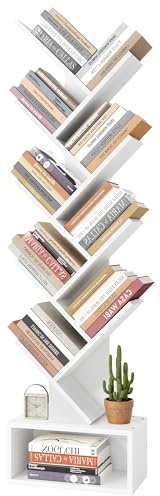 Hoctieon Bücherregal Baumform mit Schublade, Standregal mit 8 Ebenen, Bookshelf Bookcase Holz Eckregal Stehend für Schlafzimmer, Wohnzimmer, Heimbüro, Weiß