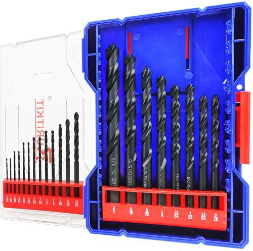 RURUTKIT 21Pcs M35 Cobalt Drill Bit Set for Hard Metal and Steel, 1/16-3/8 Cobalt Metal Drill bits with Bullet Point Tip, for Stainless Steel, Cast Iron