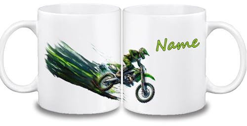 Kinder Tasse personalisiert mit Name, Motocross | Farbwahl Tasse, Schriftwahl für Name, Keramik oder Kunststoff