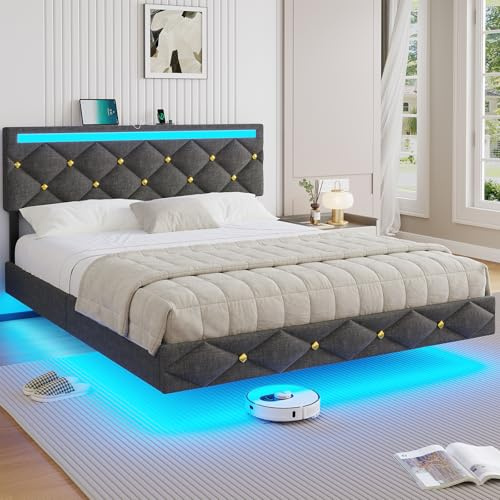 DICTAC Bett 160x200 mit LED-Beleuchtung & USB-Ladestation - Modernes Doppelbett 160x200 mit lattenrost und hohem Kopfteil, Bettgestell in Dunkelgrau & Leinenstoff - fürs Schlafzimmer (ohne Matratze)