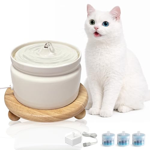Hululu Fuente de agua de cerámica para gatos, fuente automática de 1 litro para mascotas con bomba silenciosa y triple filtración, cerámica duradera sin BPA, fácil de limpiar, apta para lavavajillas