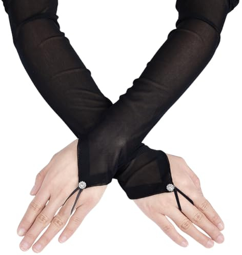 HOBBIESAY 53 cm, guanti lunghi da donna, senza dita, trasparenti, in rete, per matrimoni, feste di Halloween, Nero , 53cm
