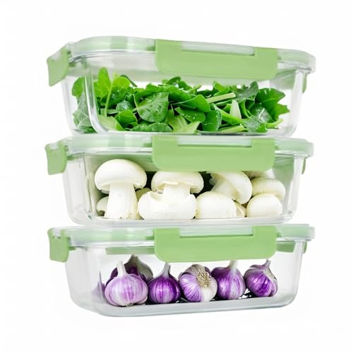 GARUET Glass Lunch Boxes with Lids - Set of 3 Rectangular 1040ml Containers - Airtight, Leak-proof, Microwave and Dishwasher Safe - Great for Snacks, Sauces and Lunch Boxes (Green)