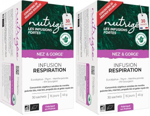 NUTRIGÉE - Infusion Respiratoire Bio - Apaise - Voies Respiratoires & Défenses Naturelles - Thym, Eucalyptus, Bourgeons De Pin, Lierre, Échinacée - Riche En Concentrés Végétaux Solubles - 30 Sachets