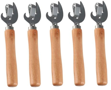 5 abrelatas manuales multifuncionales con cabeza puntiaguda, mango de madera, sacacorchos