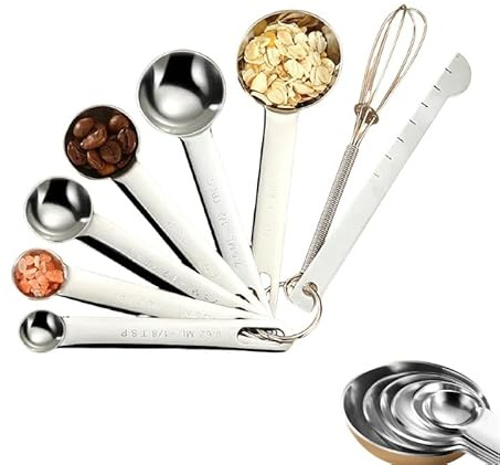 Vyloky Juego de 8 cucharas medidoras de acero inoxidable (0,6 – 15 ml) | Vaso medidor + batidor | Apilable y apto para lavavajillas | Apto para hornear y cocinar | Adecuado para ingredientes secos y