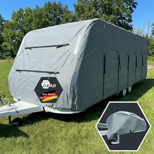 your GEAR Wohnwagenabdeckung Bonito 470-510 cm – 4-lagige Wohnwagenschutzhülle – Caravan Cover wasserdicht & atmungsaktiv – Inkl. Deichselhaube – 230-250 cm Breite – Grau