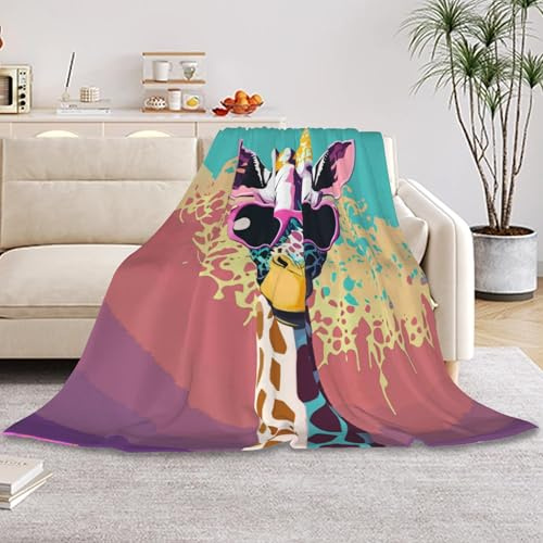 HUSITI Funny Giraffe Sunglasses Decor Throw Blanket,Flannel Soft Home Decor for Women Men Birthday Gifts, GentleSoft Cozy Fruit Pattern Blankets for Couch Bed Camping,50x60