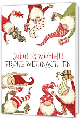 PICTALOO Weihnachtskarte Es wichtelt – lustige Grußkarte Weihnachten - Karte liebevolle von Hand illustriert – Klappkarte Wichteln inkl. Umschlag – nachhaltig in Deutschland produziert