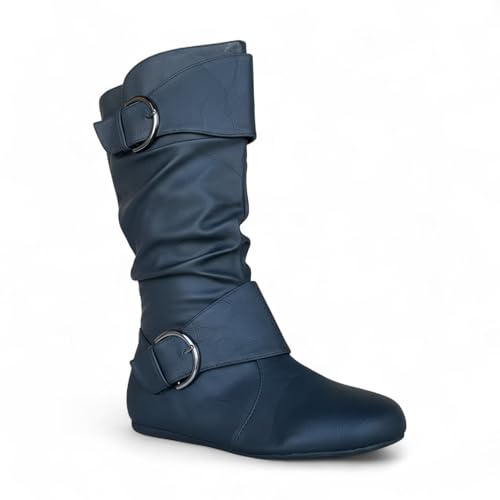 ABSOLEX Women Round Toe Buckle w/Side Zip Slouch Flat to Low Heel Mid-Calf Boots, Black Pu, 7