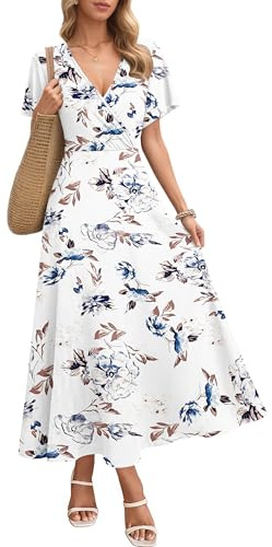 AUSELILY Maxi Dress for Women - Summer Casual Long Dresses for Ladies with Pockets White Flowers L
