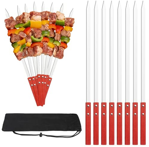 8 Stück Schaschlikspieße Edelstahl, 42cm Flache Schaschlikspieße mit Tasche, Grillspieße Edelstahl Wiederverwendbar, Kebab Spieße für Fleisch Gemüse Lagerfeuer & Grillpartys, Grillzubehö
