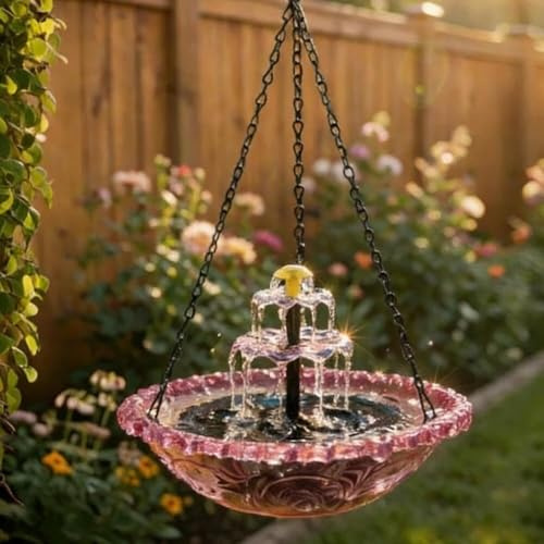 Fontaine-Bain d'oiseaux Solaire Suspendue À Cascade Nouveauté 2026:Bain d'oiseaux D'extérieur Suspendu avec Pompe Solaire Et Vasque Fontaine d'eau pour Colibris, Idéale pour Jardin, Patio Ou Véranda.