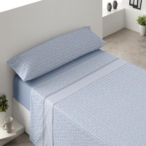 Juego sábana verano MARI para camas de 90,105,135,150 y 180cm. Contiene 3 piezas (bajera, encimera y 1 funda de almohada) 50% algodón/poliéster. Bajera ajustable hasta 30 cm altura. (Azul, Cama 105)