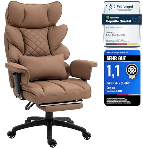 Dowinx Gaming Stuhl, Bürostuhl Ergonomisch mit Taschenfeder-Kissen, Chefsessel mit Doppellagige weiche Rückenlehne und verstellbare Lendenkissen, Armlehnen und Fußstütze, PU-Hellbraun