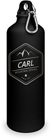 Trinkflasche mit Namen Carl - graviert mit Adventure Layout, Aluminiumflasche mit Gravur, Sportflasche - matt schwarz