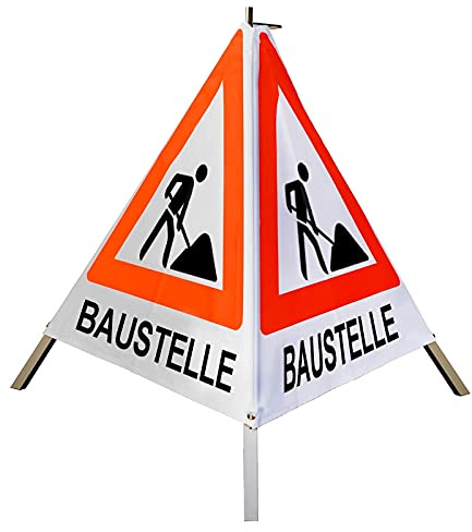 Warnpyramide/Faltsignal - BAUSTELLE - VZ123-Schaufelmann (1 - tagesleuchtend weiß, 70 cm leicht mit Mittelfuß)