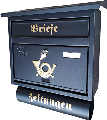 Großer Briefkasten/Postkasten XXL Schwarz matt mit Abnehmbarer Zeitungsrolle Flachdach Katalogeinwurf Zeitungsfach (Schwarz)