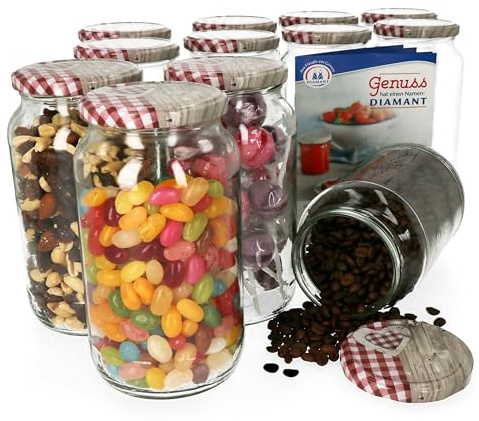 MamboCat 12er Set Einmachglas 1062 ml I Deckel mit Holz Herz Rot-Dekor I Twist-Off TO 82 I Rund- / Einkochgläser I Vorratsglas I + GRATIS Rezeptheft I Glasbehälter zur Aufbewahrung