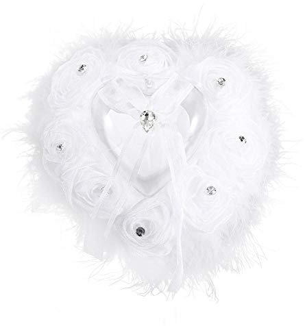 MAGT Coussin Alliance Mariage, Rose bourgeons de Fleur Oreiller de Bague de Mariage en Forme de Coeur Rose, Coussin Alliance Mariage Blanc