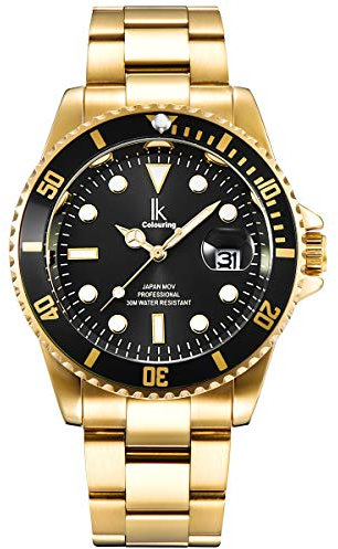Alienwork Armbanduhr Herren Damen Gold Edelstahl Metallarmband Kalender Datum Schwarz Elegant