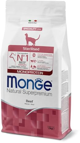 Monge Natural Superpremium Monoprotein* STERILISED Beef, Nassfutter für Katzen (Nassfutter aus Rind, reich an Ballaststoffen, ohne Farb- und Konservierungsstoffe, Katzenfutter, 1,5 kg)