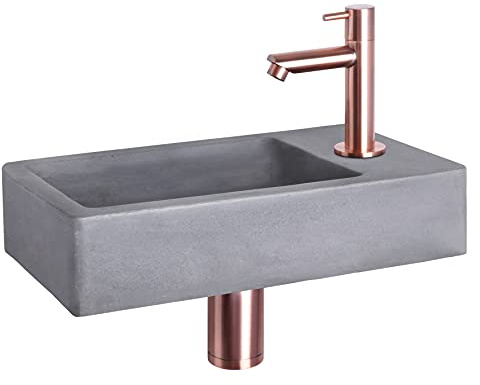 Differnz Force Waschbecken - Waschtisch Dunkelgrau Beton - Gerade Armatur Rot Kupfer - Komplettset - 40 x 22 x 8 cm