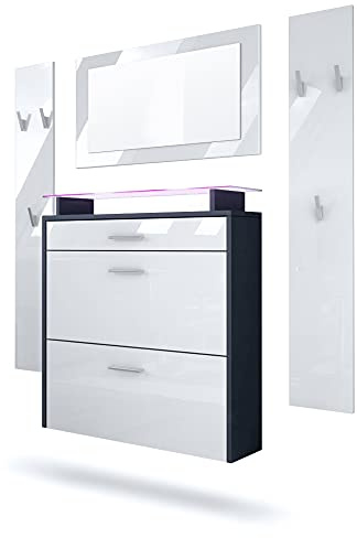 Vladon Garderobe Malea, Garderobenset bestehend aus 1 Hängeschuhschrank, 1 Wandspiegel und 2 Garderobenpaneele, Anthrazit matt/Weiß Hochglanz, inkl. LED-Beleuchtung RGB
