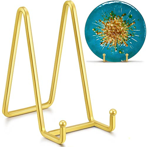 IPAME 6 Inch Metal Square Wire Plate Stands for Display - Gold 2 Pack Holder Stand + Picture Frame Easel for Book, Decorative Plaque, Photo, Platter