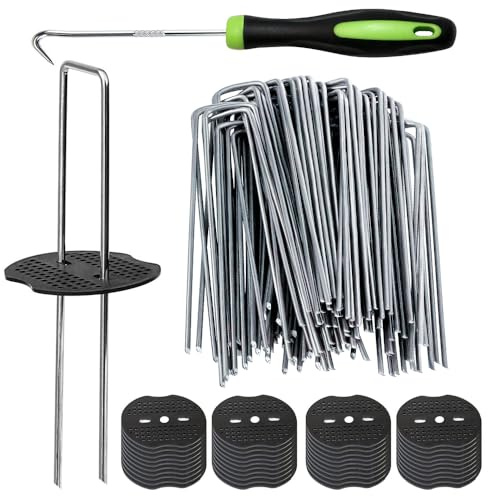 Bakulyor 200 Stück Erdanker + 200 Stück Unterlegscheiben, Erdanker Verzinkt Für Unkrautvlies, Stahl Heringe Erdnägel Stabil 15 cm, Zaun Erdspieß Bodenhaken Kunstrasen Anker Erdhaken Garten Bodenanker