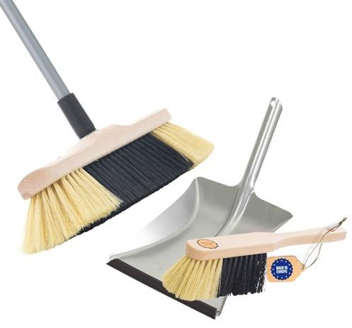Novaliv Zimmerbesen mit Stiel FEINE KUNSTBORSTEN Besen weiche Borsten Schrankbesen mit Teleskopstiel und Handfeger Kehrblechgarnitur Metall mit Gummilippe Kehrblechbesen Feger und Kehrblech