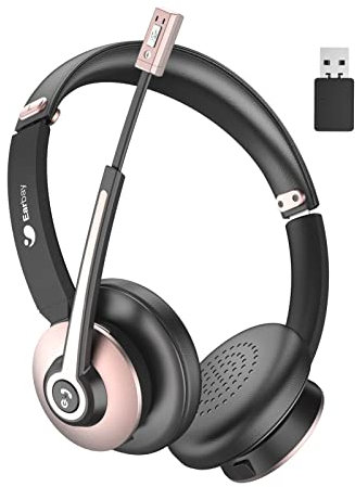 Casque Bluetooth sans fil avec microphone antibruit, casque supra-auriculaire avec clé USB et bouton muet, 26 heures de temps de conversation pour PC/bureau/zoom/Skype Or rose
