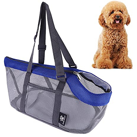 TCNGKIJIUK Transporttasche Haustier Mesh Hundetasche Kleine Hunde Tragetasche Verstellbar Haustiertragetasche mit Boden Haken Katzentasche Sommer Reißfest Haustiertasche Katze Welpen Flug Auto Blau