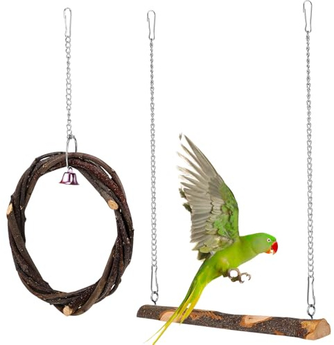 POPETPOP Vogelschaukel, 2 Packungen Papageienschaukel Holz Vogelschaukel Spielzeug mit Glocke Hängeschaukel Ring für Wellensittiche, Sittiche, Nymphensittiche