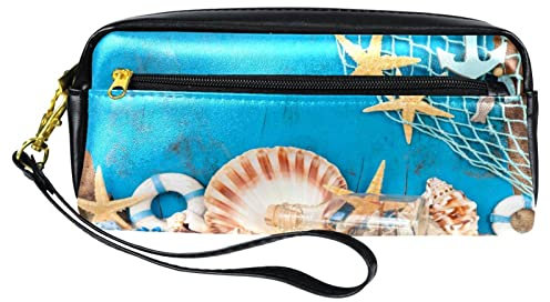PU Federmäppchen Stifttasche Student Schreibwaren Tasche mit Reißverschluss für Jungen Mädchen, Schule & Bürobedarf - Strand Urlaub Sand Muschel, multi, 20.5x5x8.5cm/8.1x2x3.3in, Taschen-Organizer